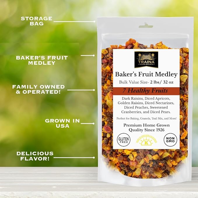 Traina Home Grown Baker’s Dried Fruit Medley - Raisins Apricots Peaches Nectarines Pears Sweetend Cranberries - Non GMO Gluten Free Vegan Healthy Real Fruit Snack in Resealable Pouch (2 lbs)