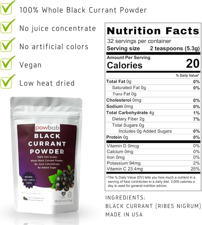 powbab Black Currant Powder - 100% USA Grown Whole Black Currants. No Juice Concentrate No Added Sugar. Made in USA from Dried Currants Unsweetened. Not Freeze Dried. Non-GMO No Maltodextrin. (6 oz)