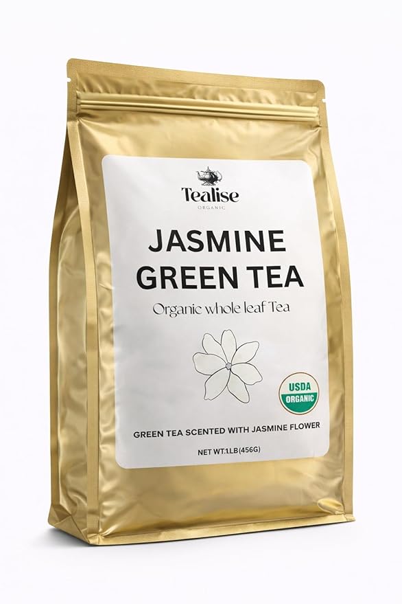 Organic Jasmine Green Tea Loose Leaf Whole Leaf USDA Organic Smooth Floral Aroma Antioxidant Rich Green Tea 1 lb (456g) About 228 Servings by Tealise