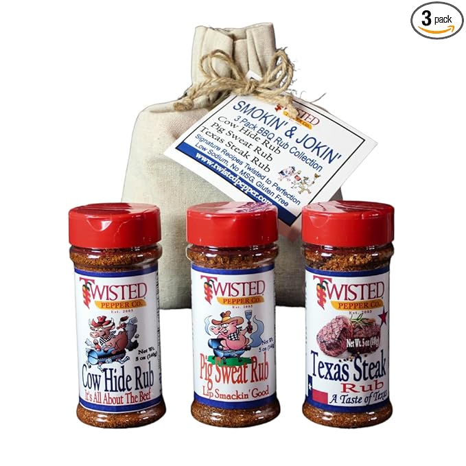 Twisted Pepper Co. Handcrafted Premium BQ Rubs Smokin' &amp Jokin' 3 Pack BBQ Rubs Cow Hide Rub Pig Sweat Rub Texas Steak Rub Gluten Free Low Sodium No MSG 5 oz. Bottles