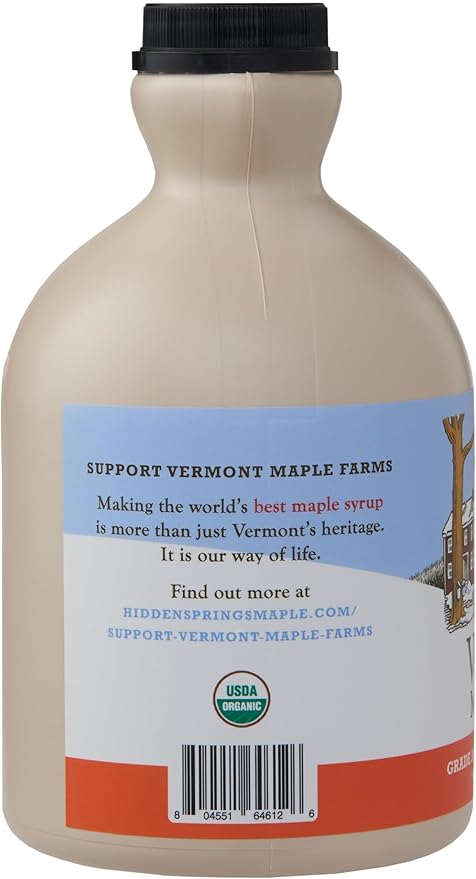 Hidden Springs Maple Organic Vermont Maple Syrup Grade A Amber Rich 32 Ounce 1 Quart Family Farms BPA-free Jug