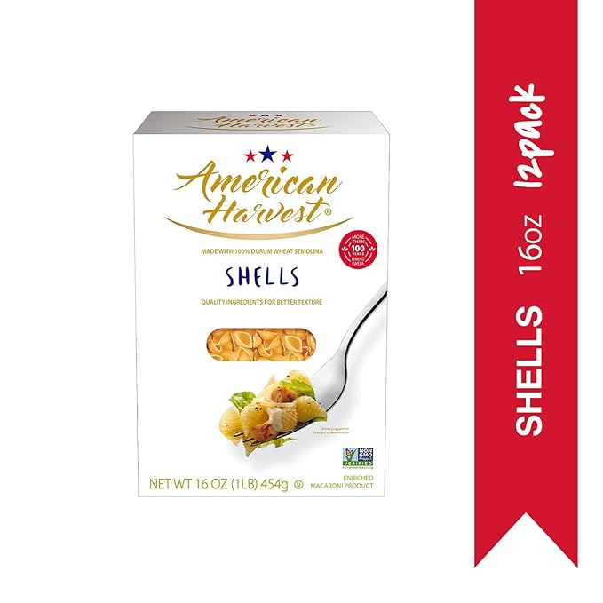 AMERICAN HARVEST Shell Pasta Enriched Durum Wheat 16 oz (12 Pack) | Made in America Non-GMO Fast-Cook Pantry Staple | 100 Years of Pasta-Making Expertise