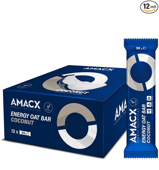 AMACX Energy Oat Bar for Endurance Sports – 12 x 50g – Energy Bars Carbohydrate mix (31g) – Vegan Protein Bar with 50mg magnesium – Running &amp Hiking Snacks – Healthy Oatmeal Power Bars – Coconut