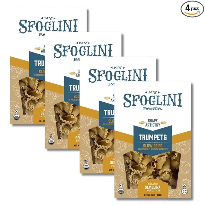 Sfoglini Trumpets Pasta (Organic Durum Semolina) – “Campanelle/Bell” Shape for Sauce Capture (4-Pack 16oz Each)