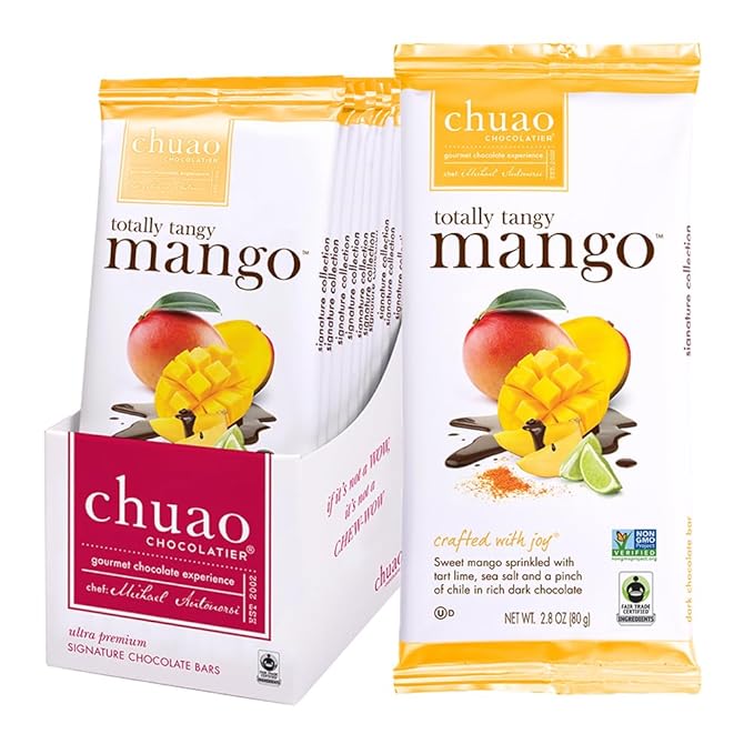 Chuao Chocolatier Totally Tangy Mango Dark Chocolate Gourmet Bars | For Gift Baskets Birthday Thank You Care Package | 12 Ct 2.8 oz Each