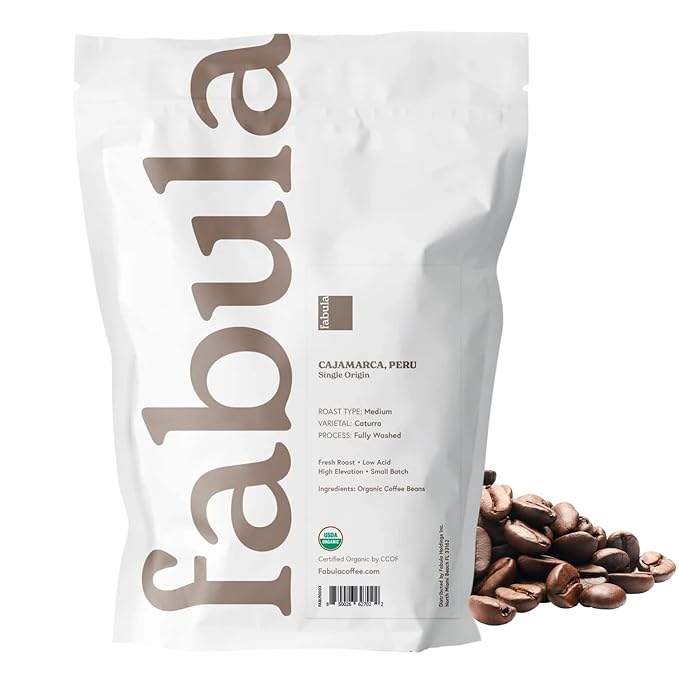 Fabula Low Acid Coffee Beans Whole USDA Organic Coffee Beans Medium Roast - Non-GMO - No Molds - Mycotoxins Pesticides Free - Single Origin - 12 oz
