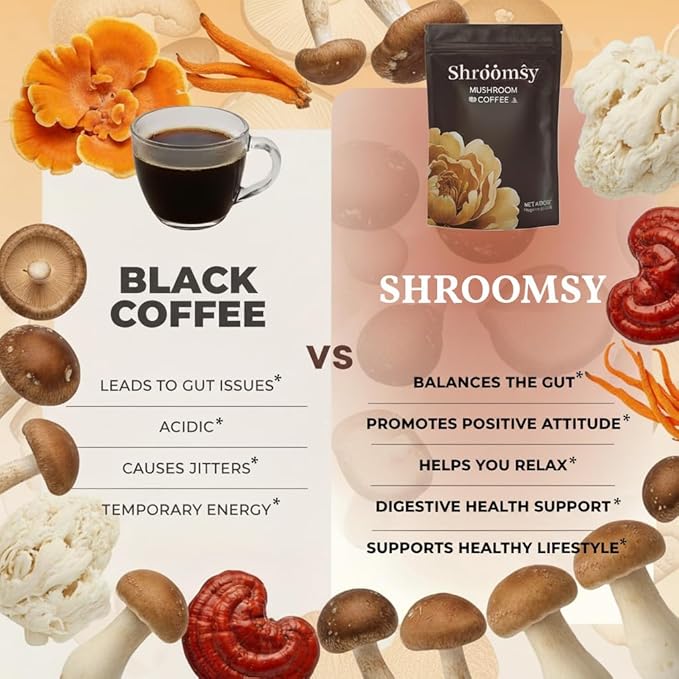 SHROOMSY Mushroom Coffee – 6 Adaptogenic Mushroom Superblend (Cordyceps Reishi Shiitake Lion’s Mane More) – With MCT Oil &amp Coconut Milk
