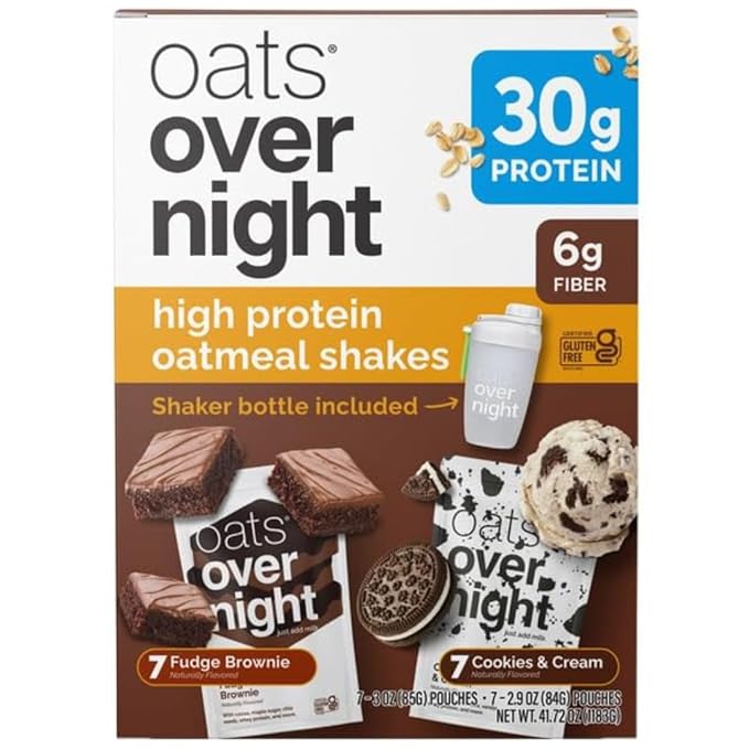 Oats Overnight Variety Pack 30g Protein Oatmeal Shake Cookies &amp Cream &amp Fudge Brownie High Protein Breakfast Drink Mix Just Add Milk 14 Pack + Shaker Bottle Included