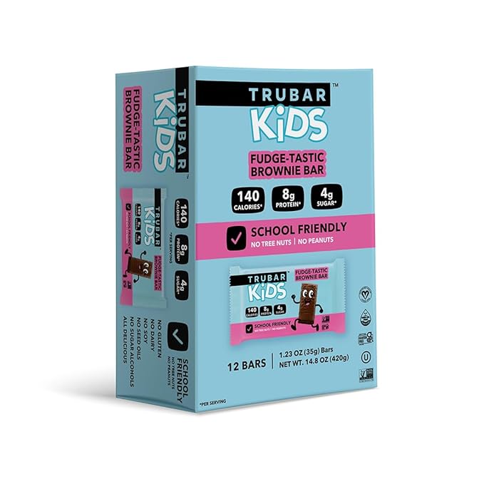 TRUBAR Kids Protein Bars Fudge-Tastic Brownie Plant Based Protein Gluten Free School-Friendly Snacks for Lunchboxes Tree Nut and Peanut Free Low Sugar Healthy On the Go Snack Bars 12 Count
