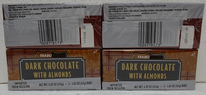 Trader Joe Belgian Dark Chocolate with Almonds 3 Small Bars 4.97oz 141g (4 Bags)