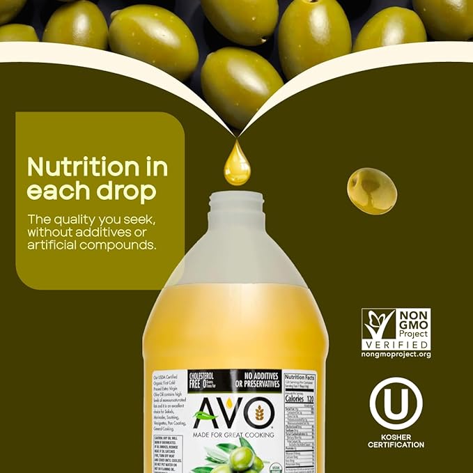 AVO Organic Olive Oil Extra Virgin Cold Pressed 64 Fl-oz (Half Gallon) NO preservatives added High Smoke Point 410°F Oil Cooking