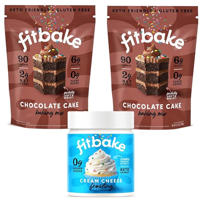 FitBake Chocolate Cake Baking Mix and Cream Cheese Frosting Bundle | 0g to 2g Net Carbs Per Serving | Keto Friendly Low Carb Food | Gluten Free Desserts | No Added Sugar