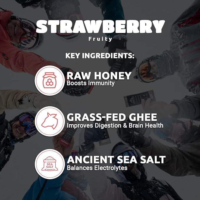 Ancestral Energy Strawberry Pack | Organic Grass-Fed Ghee &amp Raw Honey Blend | Animal-Based Energy Boost for Athletes | Hiking Cycling Running Backpacking | Healthy Snack (Pack of 6)