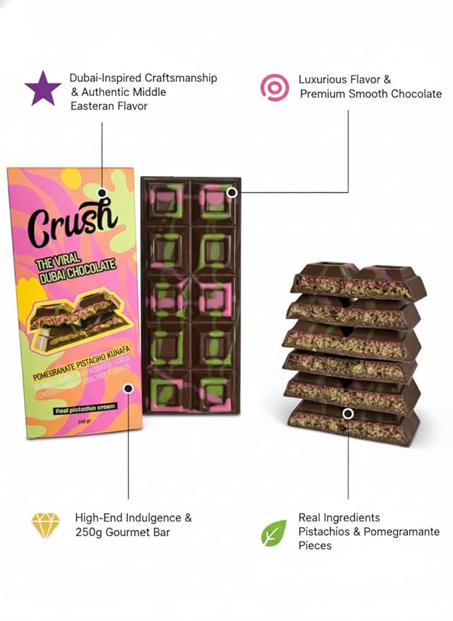 Crush Dubai Pistachio Pomegranate Chocolate Bar – 7 oz Luxury Gift Filled with Toasted Katafi Pomegranate Cream &amp Tahini Inspired by the Classic Knafeh Dessert