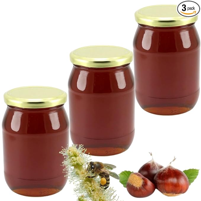 Turkish Natural Chestnut Honey 3-Pack (3x1000g) - In Glass Jars Fresh Chestnut Pure Raw Honey 35.27fl oz x3