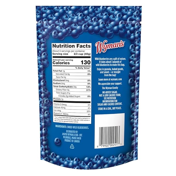 Wyman's Whole Dried Wild Blueberries - 100% Wild Blueberries No Sugar Added Snack Food Topping Baking Resealable Bag - 4.5oz