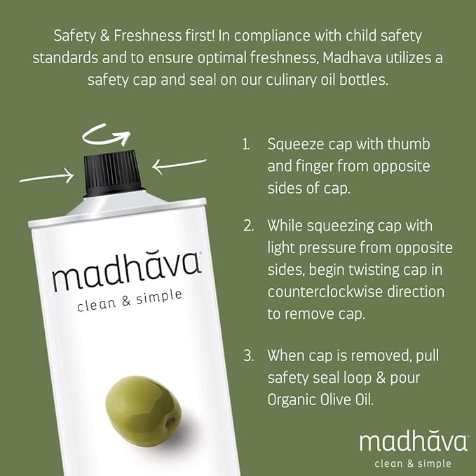 Madhava Organic Olive Oil 1L Tin 100% Pure Single Source Traceable Cold Extracted Non-Gmo No Pesticides Gluten Free Vegan Kosher Extra Virgin 33.8 Fl Oz