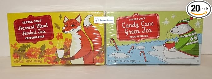 Trader Joe's2 Joe’s Harvest Blend Herbal Tea Caffeine Free &amp Candy Cane Green Tea Decaffeinated 20 Tea Bags (Two Boxes)