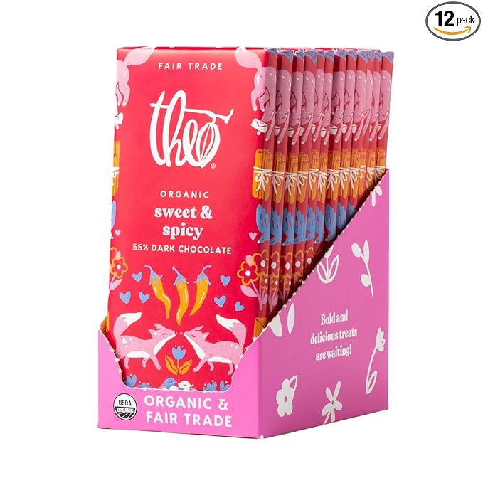 Theo Chocolate Valentine's Day Sweet &amp Spicy | Cinnamon &amp Cayenne Organic Organic Dark Chocolate Bar 55% Limited Edition 12 Pack Vegan Fair Trade Non-GMO