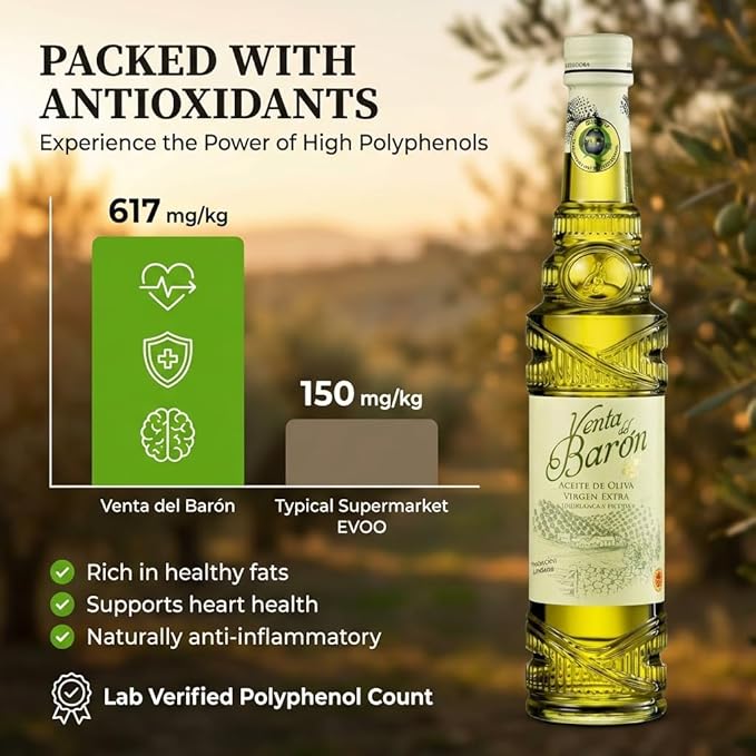 Venta del Barón - Voted The World's Best Olive Oil - Extra Virgin Cold Pressed - High in Polyphenols - 16.9 fl oz (500ml) Bottle