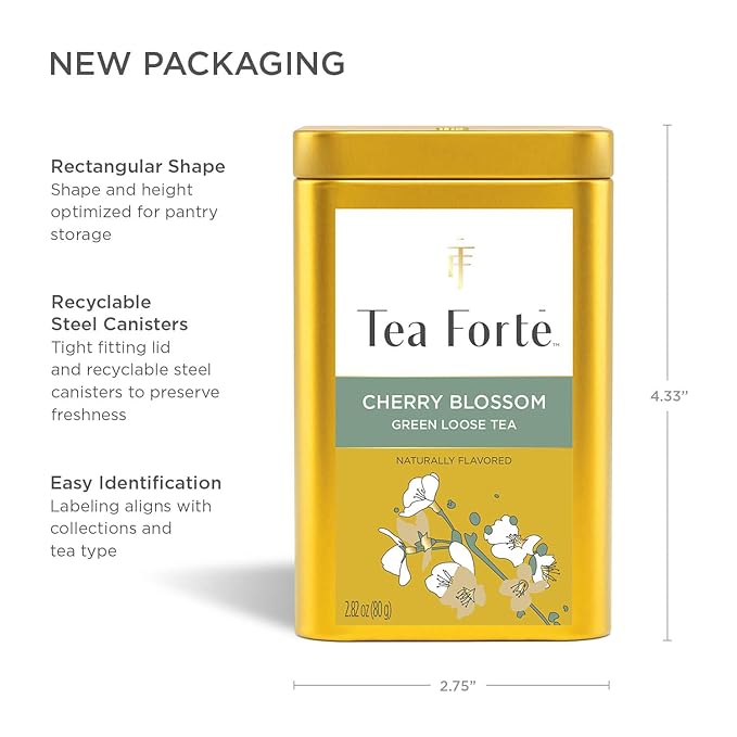 Tea Forte Cherry Blossom Premium Loose Leaf Caffeinated Green Tea Blend Canister Makes 35-50 Cups