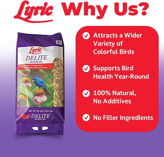 Lyric Delite Wild Bird Seed for Outside Feeders - No Waste Bird Food Nuts &amp Seeds Mix Attracts Buntings Chickadees &amp Finches 10 lb (Pack of 2-5 lb Bags)