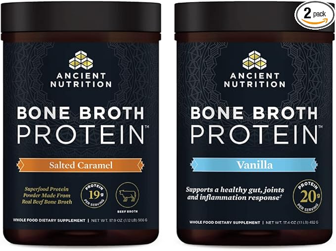 Ancient Nutrition Beef Bone Broth Protein Powder Salted Caramel 20 Servings + Bone Broth Protein Powder Vanilla 20 Servings