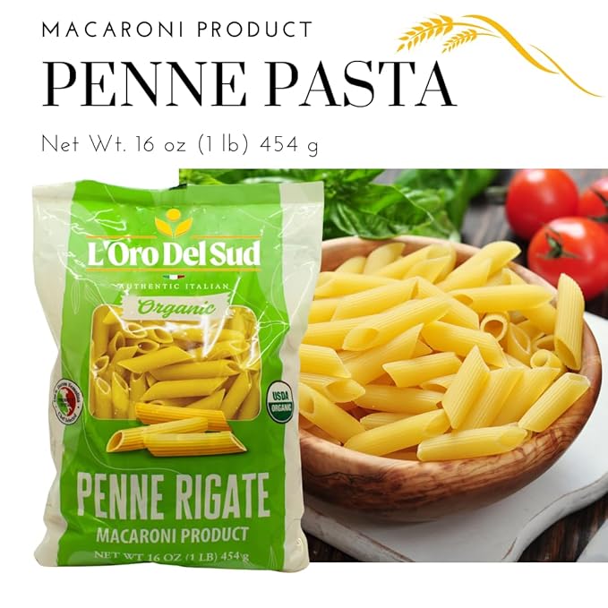 Organic Penne Rigate 100% Durum Wheat Italian Pasta Premium Quality Product of Italy (10 pack x 16 Oz) Non GMO Vegan Kosher Certified by L'Oro del Sud.