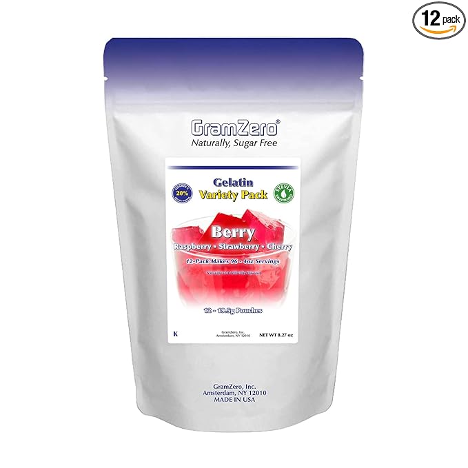 GramZero Berry Variety (Raspberry Strawberry Cherry) Sugar Free Gelatin Mix 12-Pack Zero Carb Dessert Stevia Sweetened