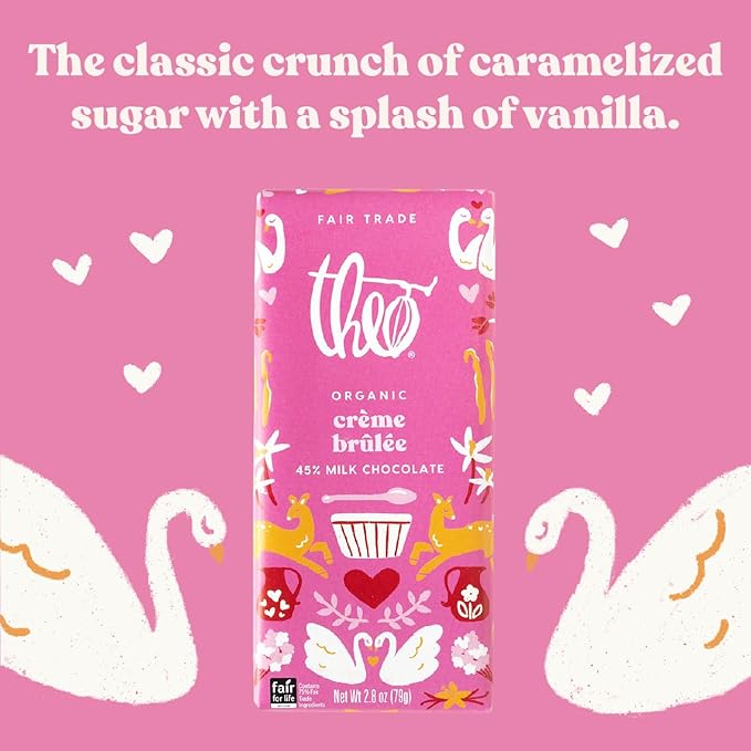 Theo Chocolate Valentine's Day Creme Brulee Organic Milk Chocolate Bar 45% Limited Edition 12 Pack Fair Trade Non-GMO