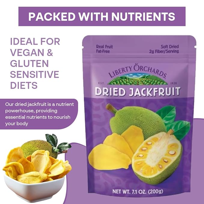 Liberty Orchard Organic Dried Jackfruit with No Added Sugar - Enjoy the Bold Flavor of Jackfruit with Fiber-Rich Snack Packs- Soft Nutrient-Packed Dried Jackfruits Ideal for Recipes - 2 Pack - 200g