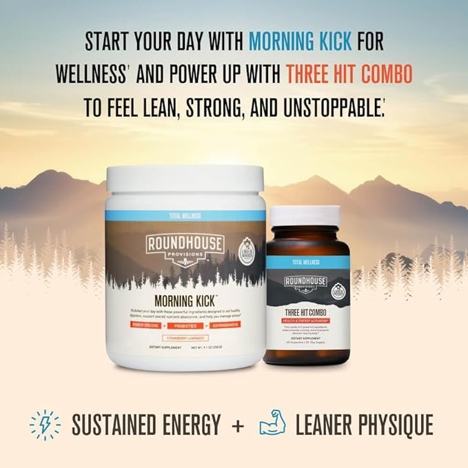 ROUNDHOUSE PROVISION Morning Kick Greens Superfood Powder Supplement with Ashwagandha Collagen &amp Probiotics - Sugar Free Caffeine Free (3 Pack Strawberry Lemonade Flavor) by Chuck Norris
