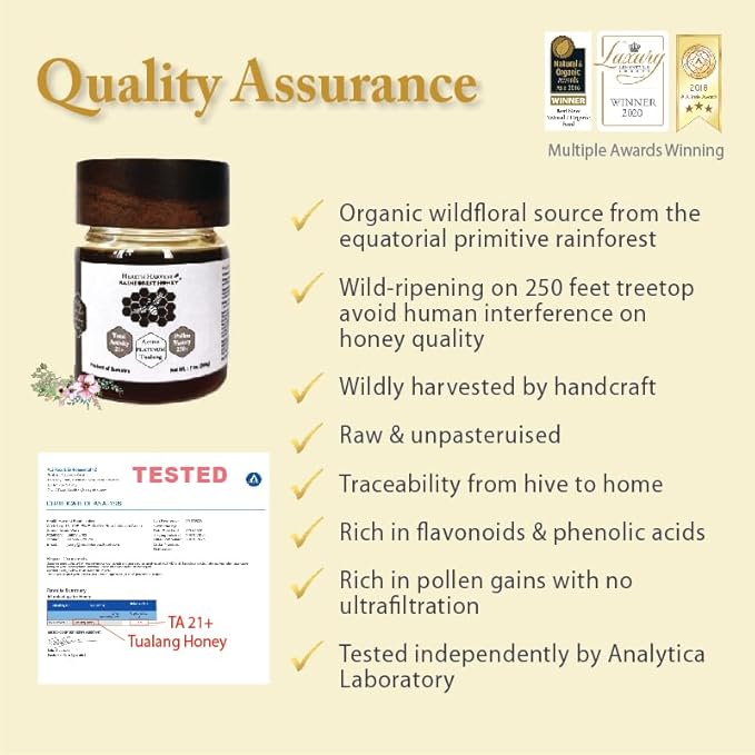 Premium Tualang Platinum Honey 7oz (TA 21+ Pollen Variety 250+) Supreme Choice for Rehabilitation Wild-ripening on 250ft Treetop Raw Unpasteurised Unfiltered