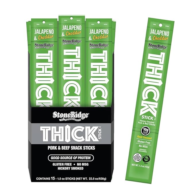 THICK STICK - STONERIDGE OLD-FASHIONED QUALITY JALAPENO &amp CHEDDAR - Hickory Smoked Pork and Beef Snack Sticks Gluten Free No MSG 15 Count THICK 1.5 oz Sticks High Protein Soy Free 15 Count