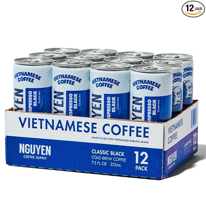 Nguyen Coffee Supply - Espresso Black: Vietnamese Cold Brew Iced Coffee 100% Robusta No Sugar Dairy-Free 7.5 fl oz cans [12 Pack]