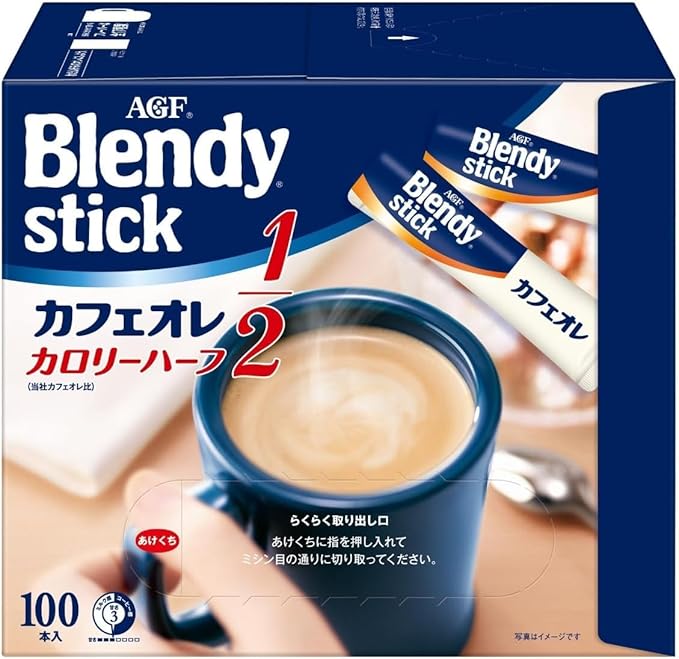 Japanese Instant Coffee – Blendy Stick Café au Lait Calorie Half 100 Sticks – Low-Calorie Creamy Coffee Mix – Smooth &amp Sweet Flavor – Made in Japan