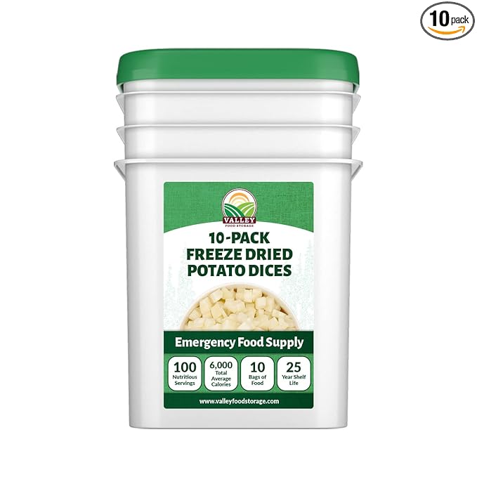 Valley Food Storage Freeze Dried Diced Potatoes | 10-Bag Bucket 64 oz | Premium Emergency Food Supply | Non-GMO Survival Food 25 Year Shelf Life | Prepper Supplies Camping Food &amp Off-Grid Livin