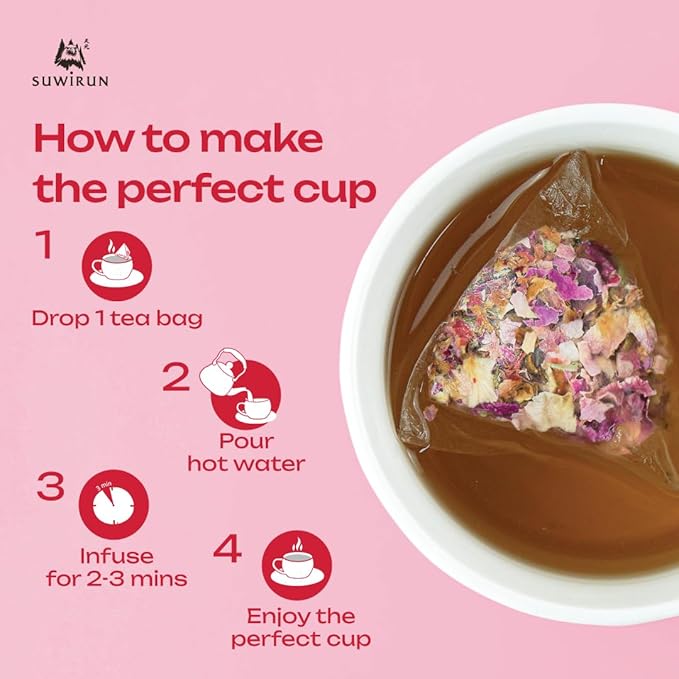 Suwirun Organic Rose Tea 25 Bags – 100% Pure Rose Petals – Delicate Floral Aroma Naturally Caffeine-Free – Relaxing Herbal Tea Enjoy Hot or Cold