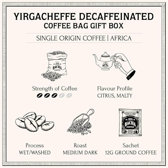 Bacha Coffee | Yirgacheffe Decaf Ethiopia Single Origin Medium Dark Roast 100% Arabica Specialty Coffee 12 Coffee Drip Bags Gift Box