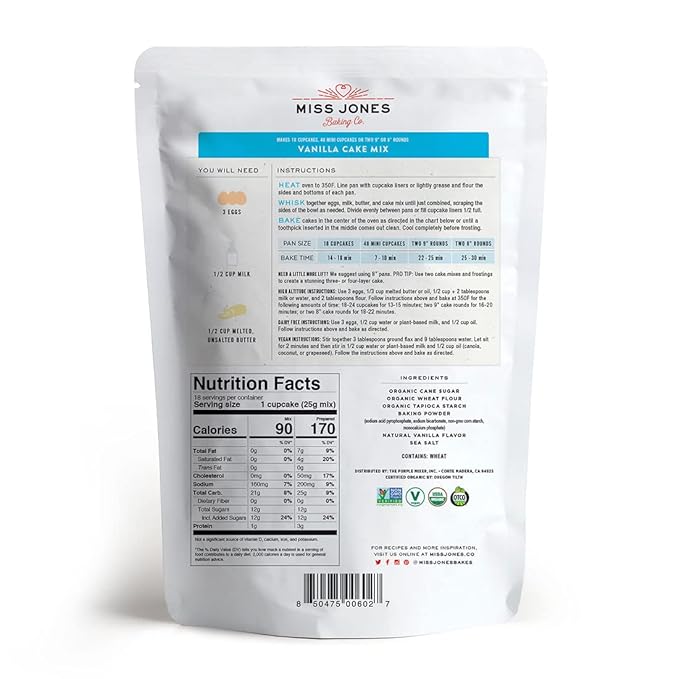 Miss Jones Baking Organic Yellow Cake and Cupcake Mix Non-GMO Vegan-Friendly Moist and Fluffy: Vanilla (Pack of 2)