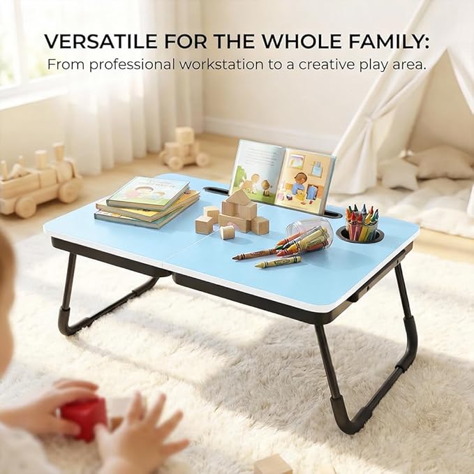 BUYIFY Foldable Laptop Bed Desk for Couch Sofa - Large Lap Desk Tray Table with Cup Holder and Tablet Slot - Portable Notebook Stand for Eating Writing Studying and WFH (Blue)