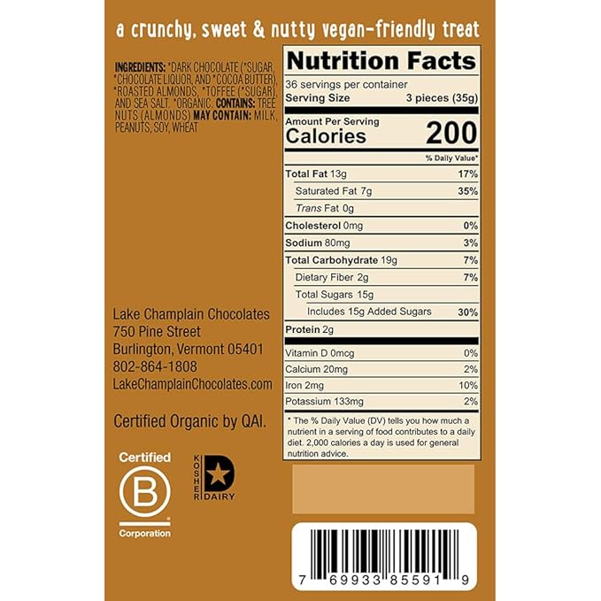 LAKE CHAMPLAIN CHOCOLATES Organic Toffee Almond Crunch Dark Chocolate Square 106 Ct 0.4 OZ