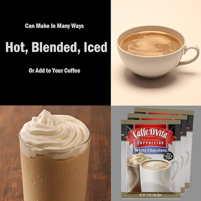Caffe D'Vita White Chocolate Cappuccino Mix - Coffee Mix Gluten Free No Cholesterol &amp Trans Fat 99% Caffeine Free - Envelopes 0.5 Oz (Pack of 48)