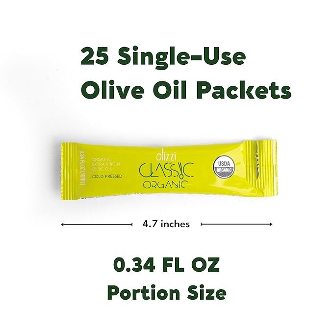 Olive Oil Packets - Olizzi Classic Organic Extra Virgin New Harvest Award Winning Cold Pressed USDA Organic Certified Single Serve Mini Salad Dressing To Go Individual Travel Size 25 Single