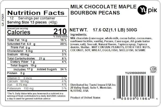 Yupik Milk Chocolate Maple Bourbon Pecans 1.1 lb (17.6 oz) GMO-Free Kosher Roasted Pecans Coated in Maple Bourbon Syrup &amp Fine Milk Chocolate Sweet Snacks Ideal for Baking Topping &amp Gi