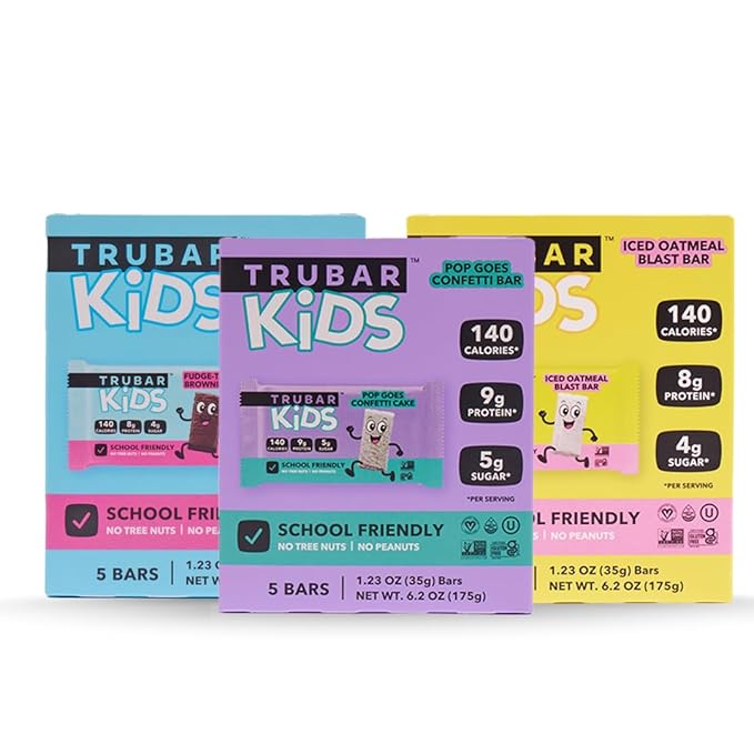 TRUBAR Kids Protein Bars Snack Pack Variety Box Plant Based Protein Gluten Free School-Friendly Snacks for Lunchboxes Tree Nut and Peanut Free Low Sugar Healthy On the Go Snack Bars 15 Count