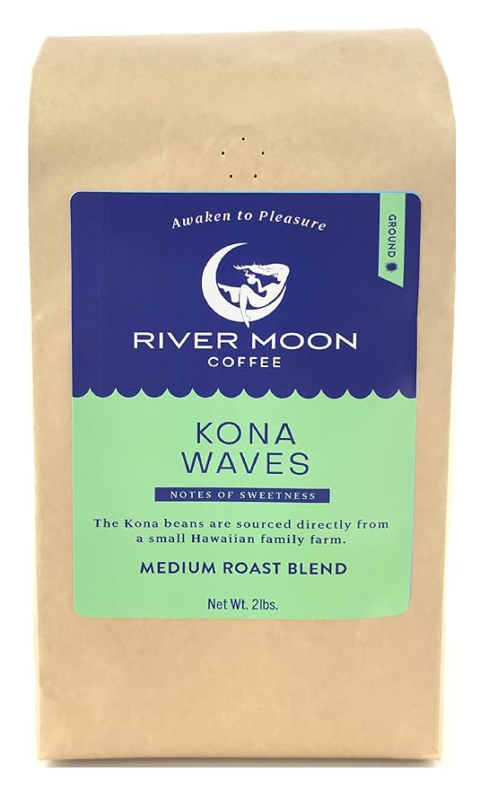 River Moon Coffee Kona Coffee Ground Medium Roast 2 lbs Kona Waves Hawaiian Blend Sustainably Farmed 100% Arabica