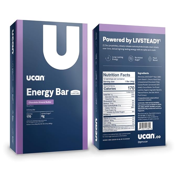 UCAN Energy Bars | Low Sugar Low Calories | Gut Friendly Caffeine-Free Vegan Non-GMO No Soy Keto Friendly | Running Cycling Fitness Pre &amp Post Workout | Chocolate Almond Butter 12 Count