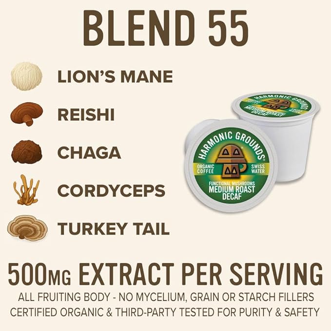 Harmonic Grounds Organic Decaf Mushroom Coffee Pods - Swiss Water Process Medium Roast with Lion's Mane Reishi Chaga Cordyceps &amp Turkey Tail - Compatible with Keurig K-Cup Brewers - 34 Count
