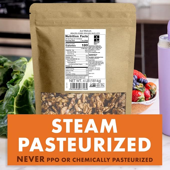 Roastery Coast Walnuts Bulk 4 LB No Shell Halves and Pieces Raw Steam Pasteurized Unsalted Non-GMO Gluten Free Kosher Just Walnuts